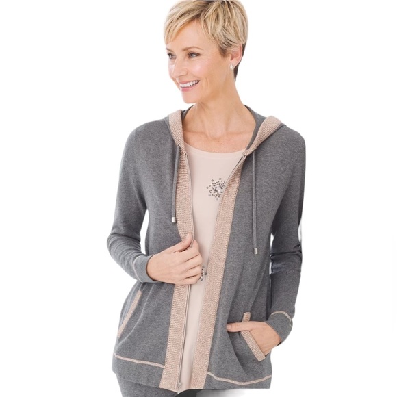 Chico's Jackets & Blazers - Chicos Zenergy Cotton Cashmere Blend Shine Border Full Zip Hooded Jacket Large